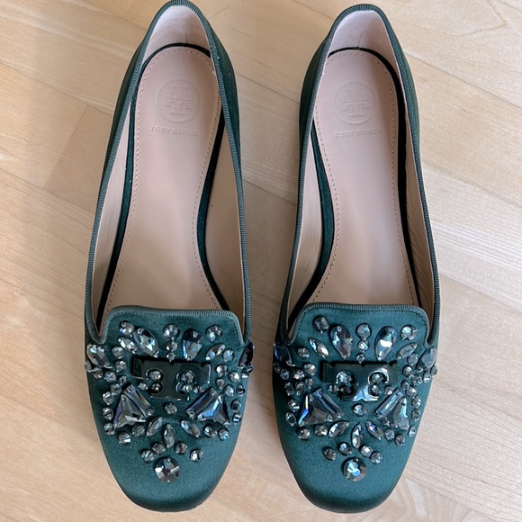 Tory Burch Shoes - Tory Burch Green Satin Embellished Delphine Loafer